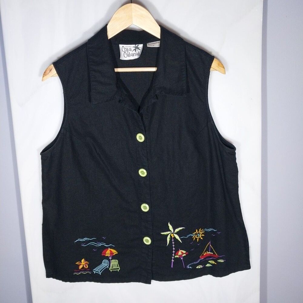 Women's Linen Rayon Sleeveless Blouse L Black Tropical Beach Embroidered Resort